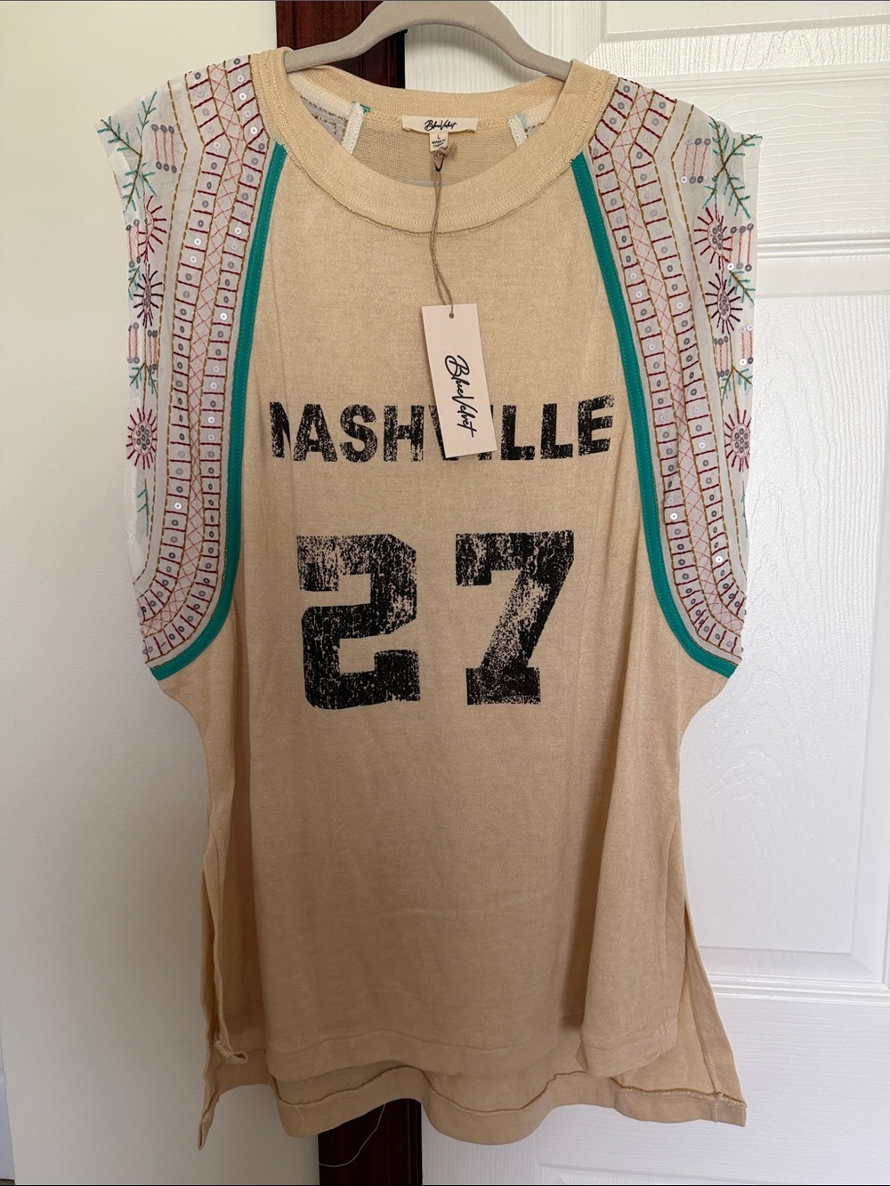 Blue Velvet Beige Graphic Muscle Tank with Embroidered Shoulder Panels